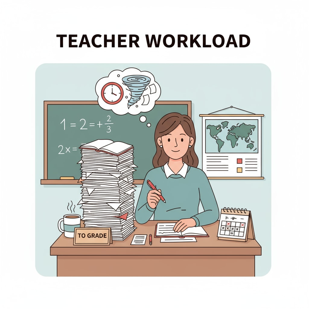 A teacher is sitting at a desk, grading a stack of papers, representing the heavy workload aspect. A teacher engaged in the time - consuming task of grading papers, highlighting the workload problem related to teaching experience