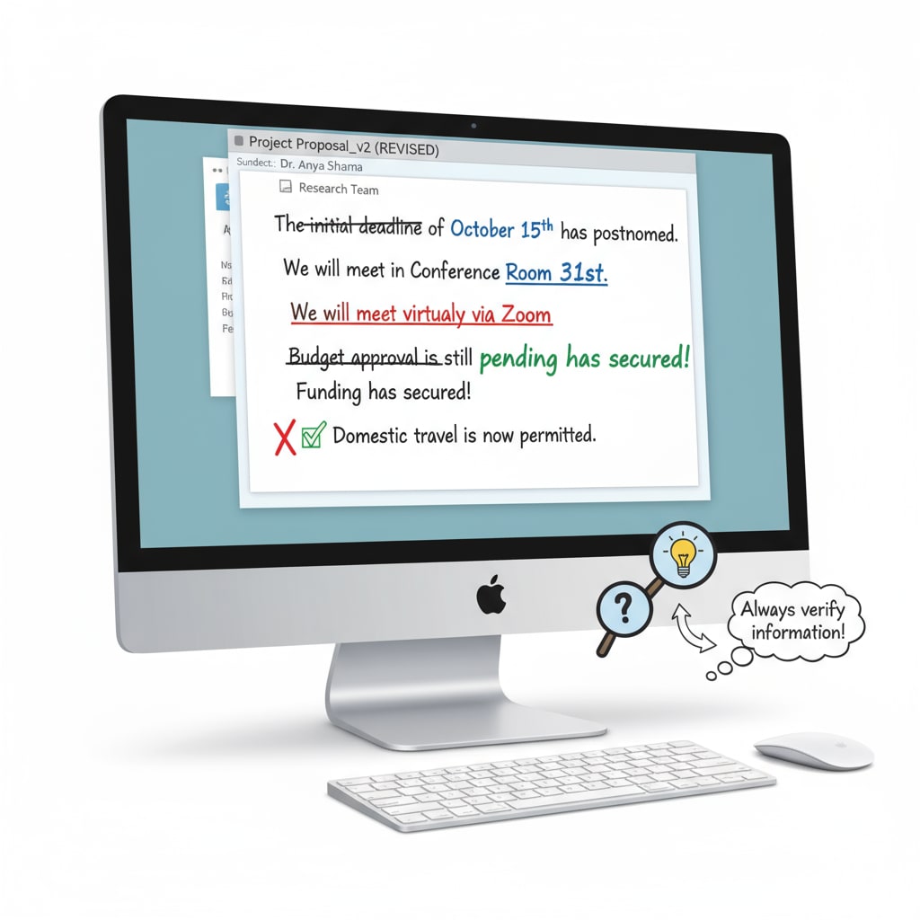 A computer screen displays an email that has been visibly altered, with some text crossed out and new text added. An altered email related to federal union, litigation, Ministry of Education, and email modification