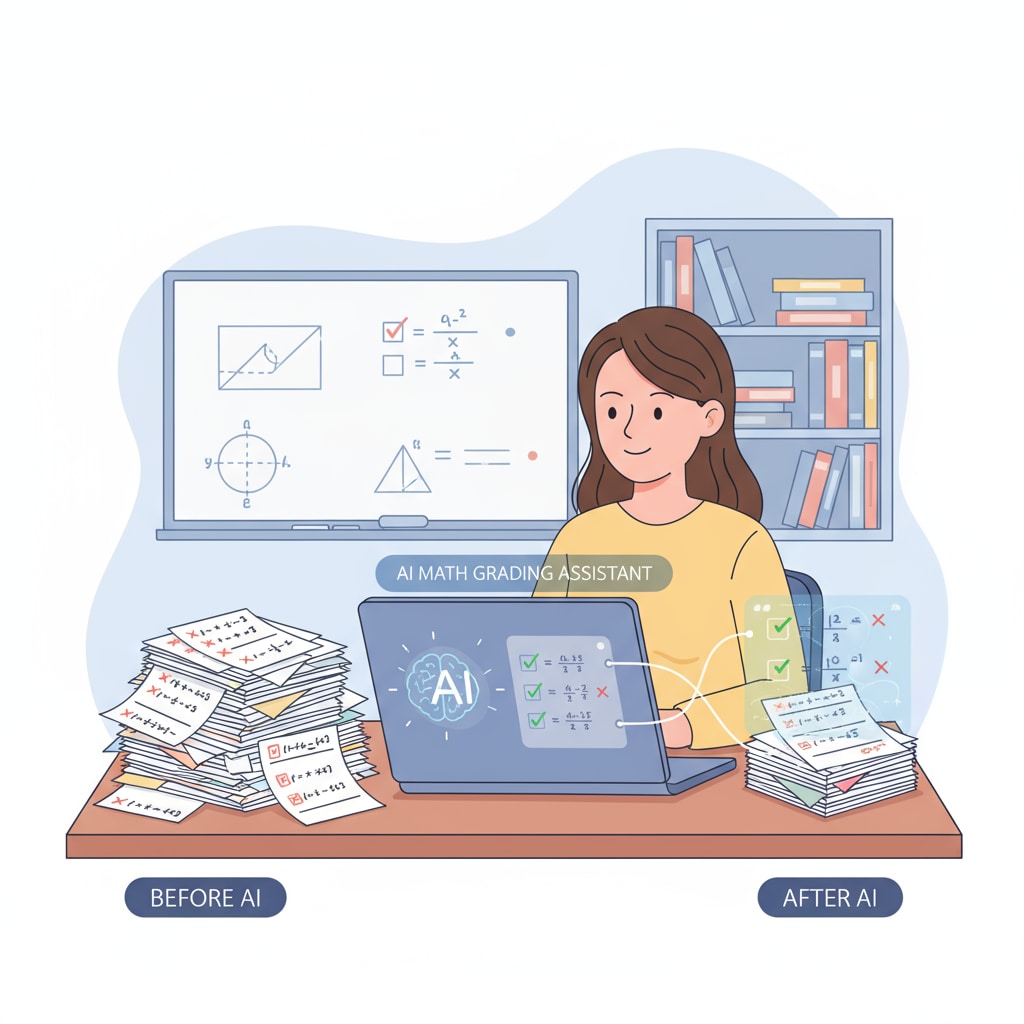 An illustration showing a teacher using an AI math grading tool on a laptop, with a pile of math papers beside, indicating the transition from traditional to AI-assisted grading. AI math grading tool in use, saving teachers' working hours and enhancing efficiency