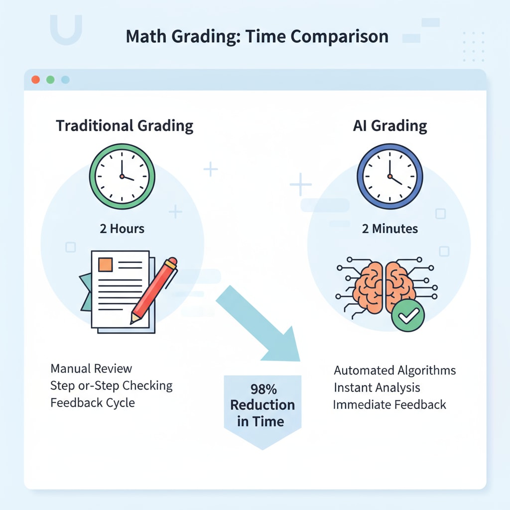 A graph depicting the comparison of time taken for traditional math grading and AI math grading, showing a significant reduction in time with AI. Comparison of time spent on traditional and AI math grading, highlighting efficiency gains