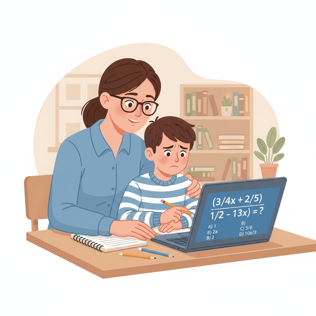 A parent is sitting next to a child, looking concerned as they try to figure out a math problem on the Chromebook screen. A parent struggling to assist a child with math on a Chromebook during parent tutoring