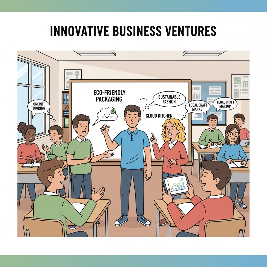 A group of students are engaged in a lively discussion about various business ideas in a classroom setting, with some writing on a whiteboard. Students discussing business ideas in a classroom related to entrepreneurial education and practical learning