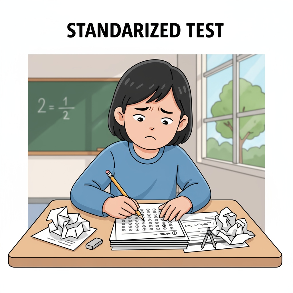 A student is sitting at a desk, looking worried while taking a standardized test with papers and a pencil in front of them. A stressed student taking a standardized test in the context of K - 12 education reform