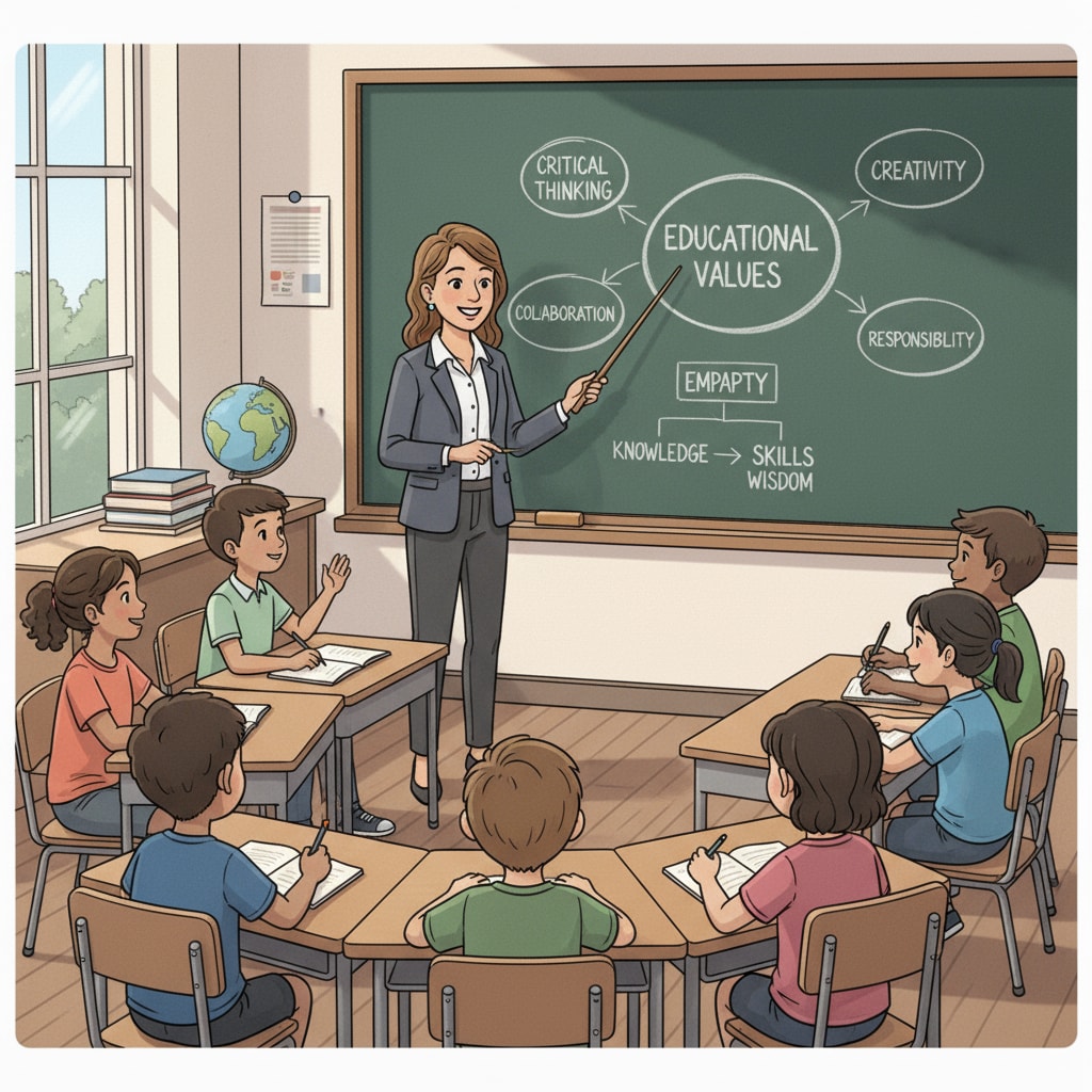 A teacher is standing in front of a blackboard, explaining different educational values to a group of students. The students are listening attentively, and there are some diagrams on the blackboard related to values. Teacher explaining educational values relevant to school choice and conservative views on education policy