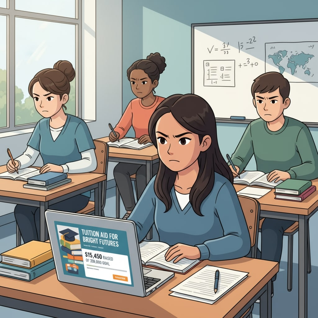 A group of students sitting at desks, looking determined, with a laptop showing a GoFundMe page for tuition fundraising. Students using GoFundMe to raise tuition funds.