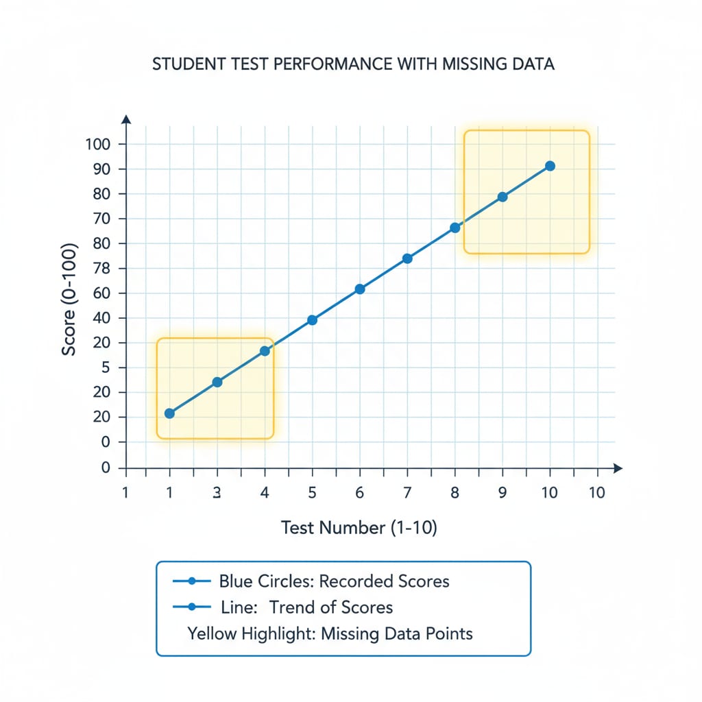 A graph showing missing data points in a set of test scores, highlighting the gaps Graph of incomplete test score data for K12 students, relevant to data analysis and outlier identification