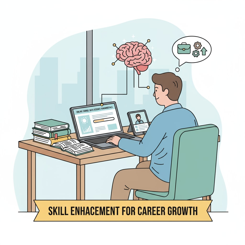 An individual studying online courses at a desk during their spare time to improve skills for career growth. Person studying online for career development related to educational requirements