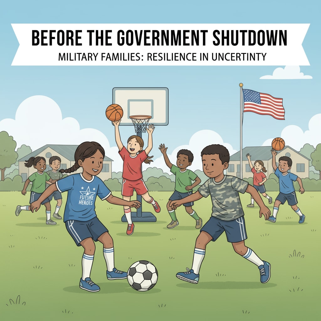 A group of military children actively playing various sports like basketball and soccer before the government shutdown. Military children engaged in DODEA sports before the government shutdown