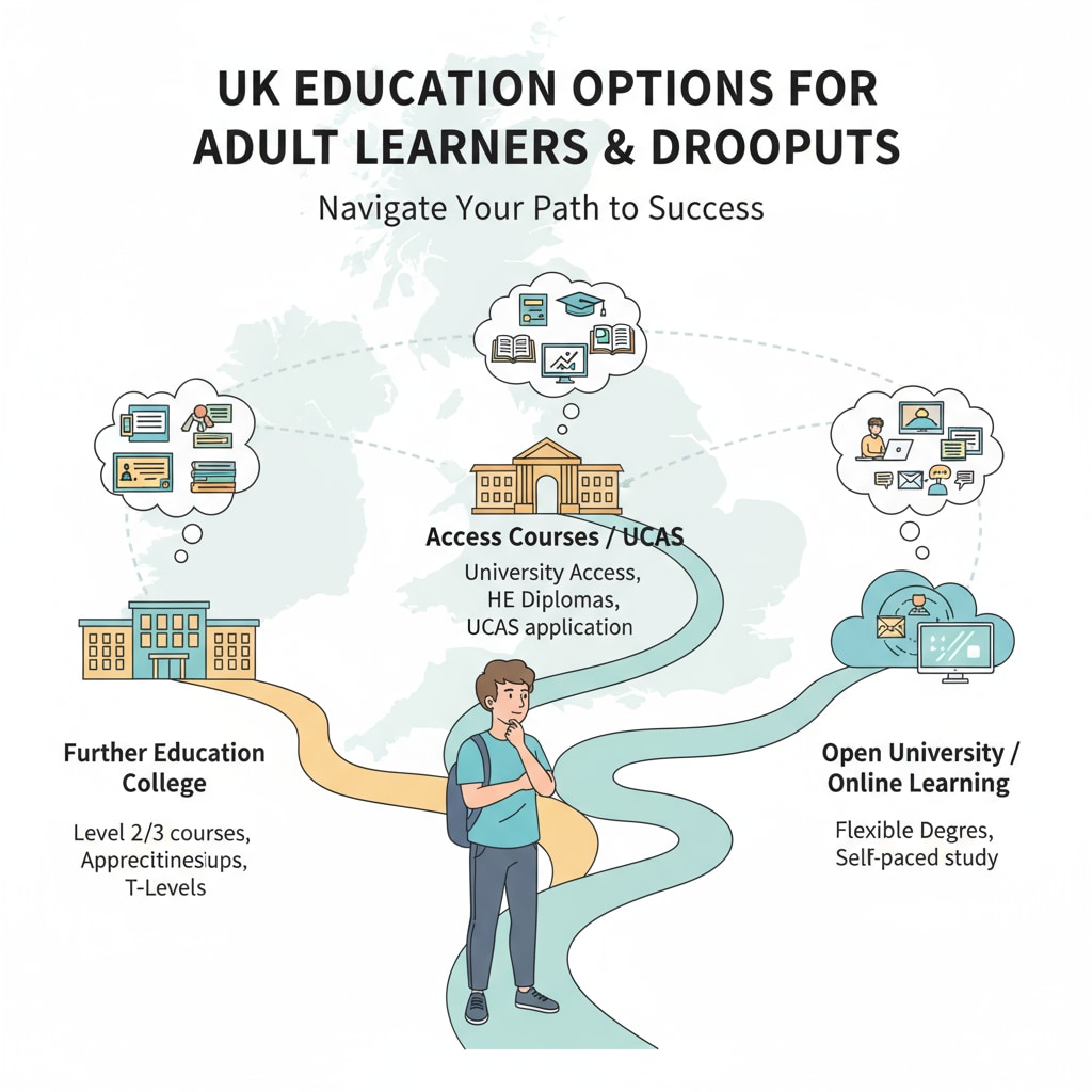 An illustration showing a young person considering different educational options available in the UK education system for dropouts. A young person exploring educational opportunities after dropping out in the UK education system