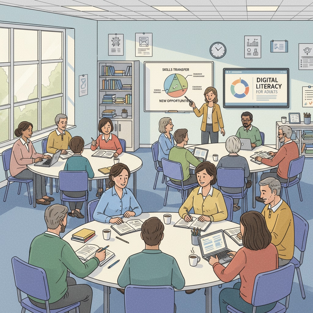A classroom scene of adult education in the UK, with students engaged in learning activities. Adult education classroom in the UK for dropouts to restart their learning journey