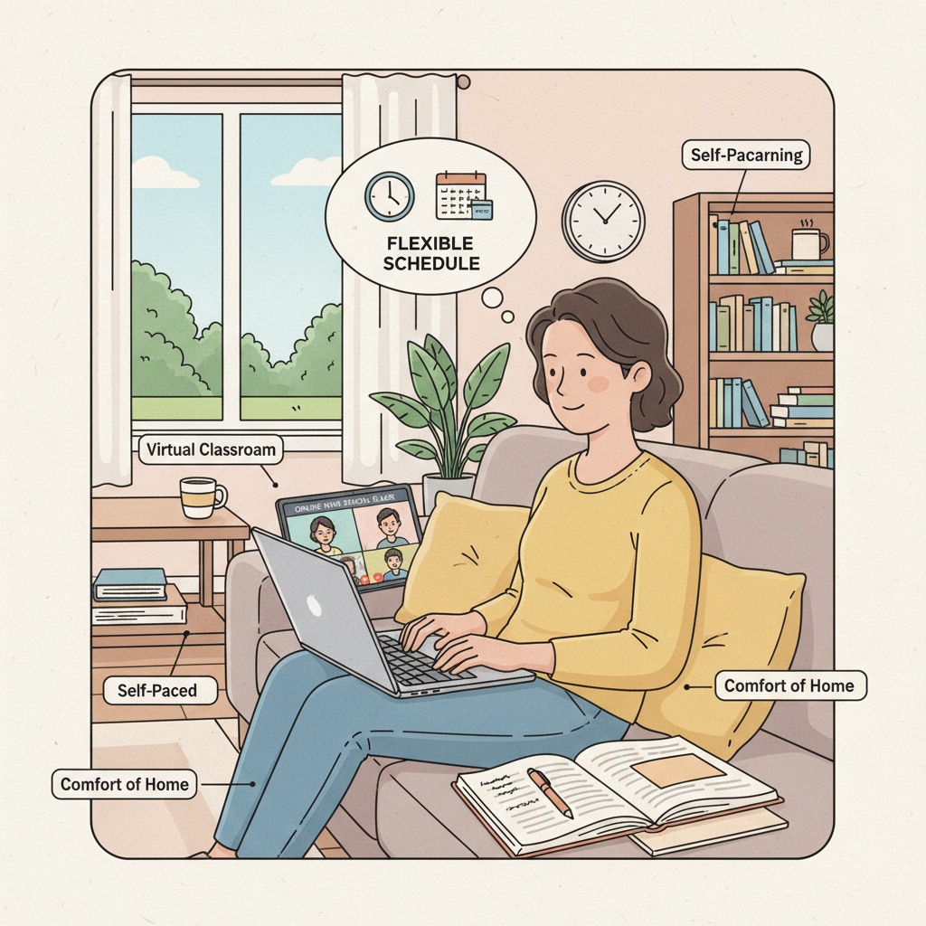 An illustration depicting an adult engaged in online high school studies, highlighting the flexibility of learning from home. Online high school learning for low-income adults
