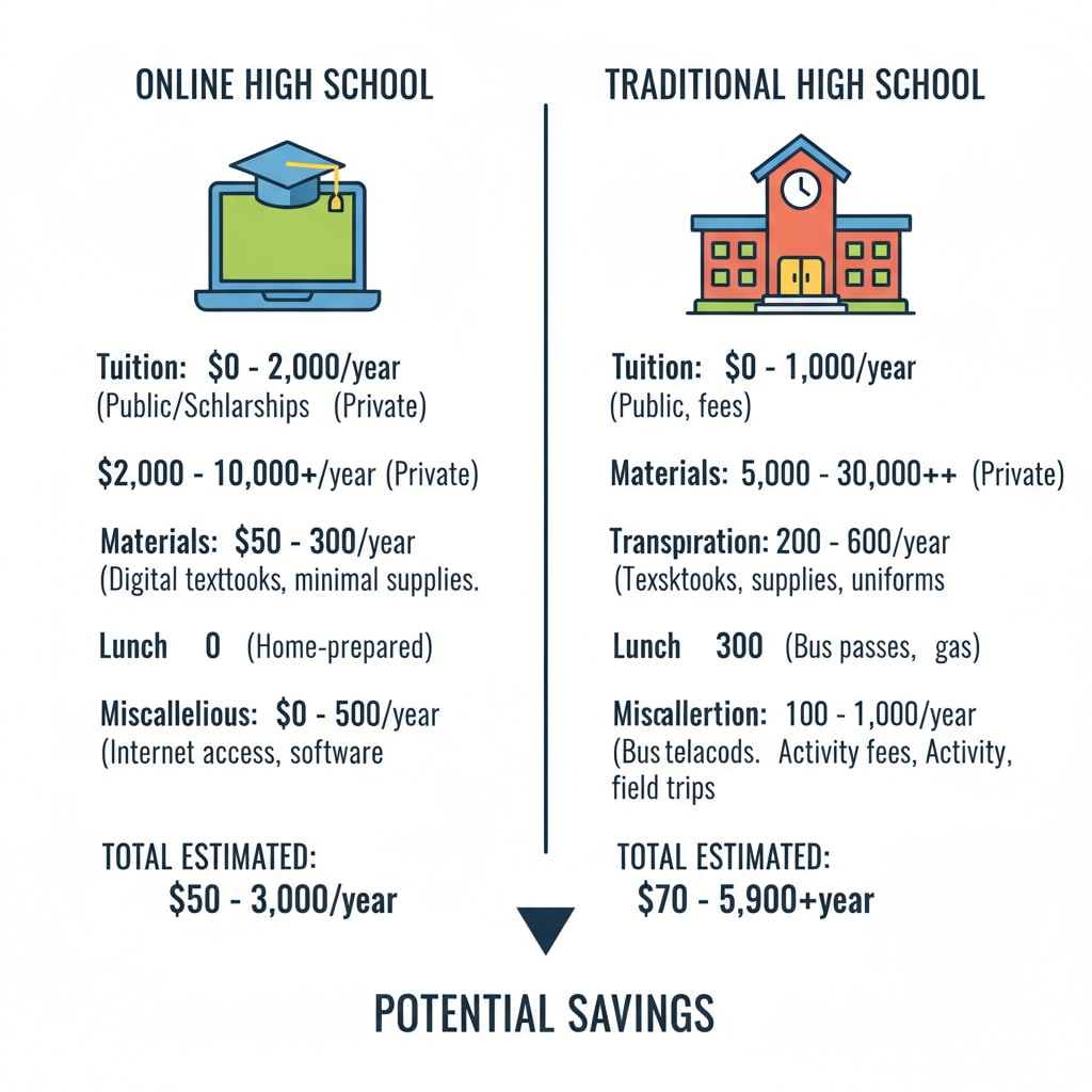 A visual representation comparing the costs of online high school and traditional high school for low-income individuals. Cost comparison of online and traditional high school for low-income adults