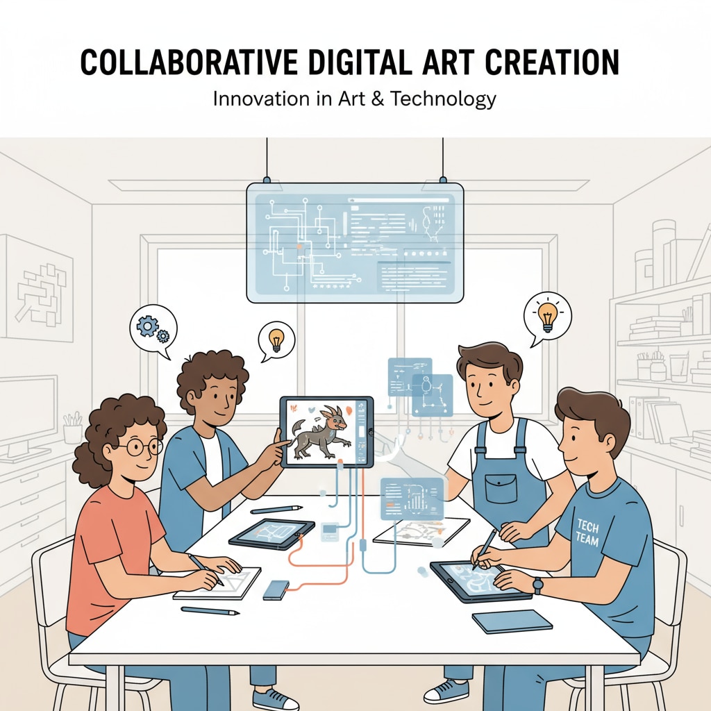A group of students and technical team members are seen collaborating on an art project. They are gathered around a table, discussing ideas and working on digital art tools. Students and technical team collaborating on art project related to technology services, district support, and art performances