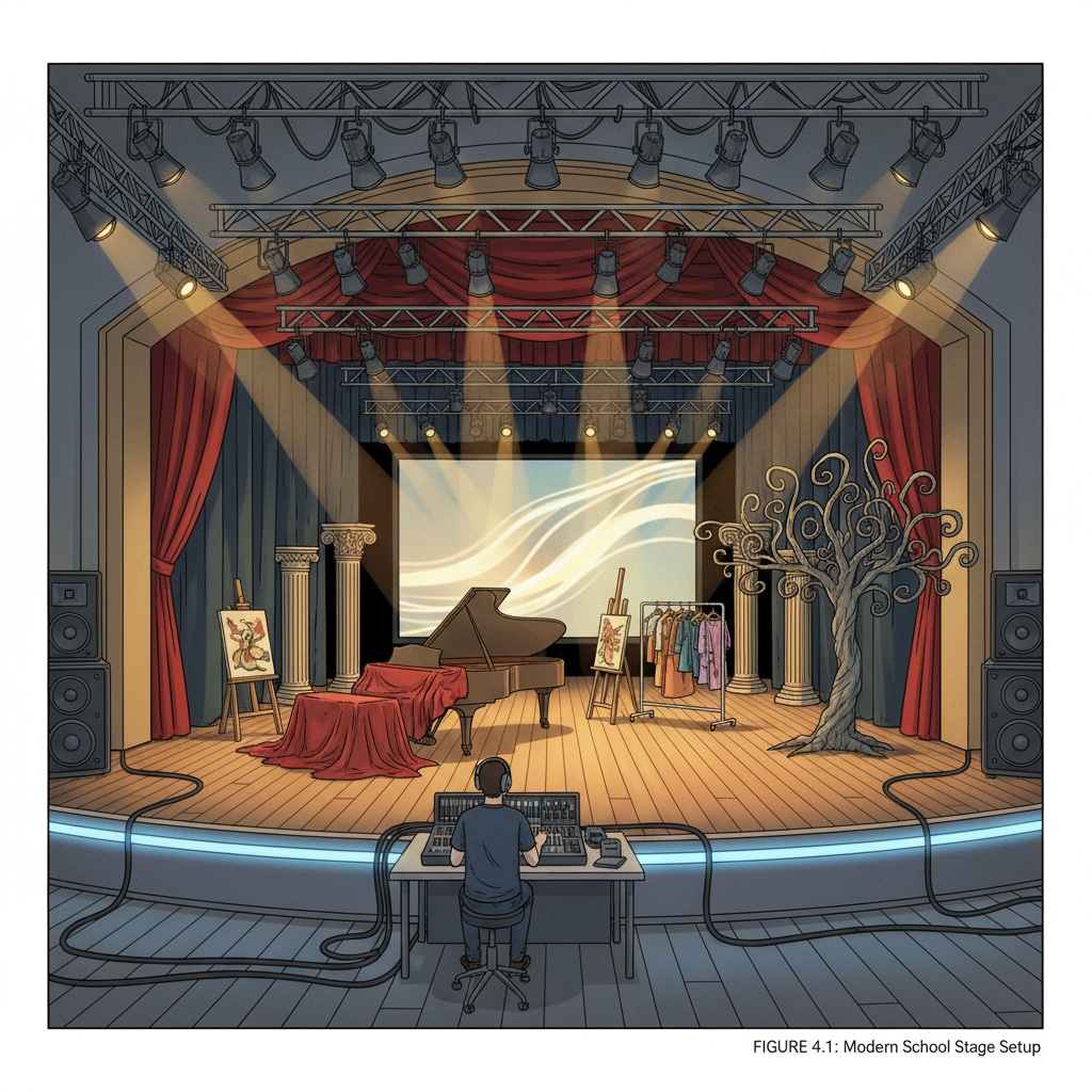 A school stage is set up with advanced sound and lighting systems. There are also various stage props arranged, creating an impressive setting for an art performance. School stage with advanced technical equipment for art performance in relation to technology services, district support, and art performances
