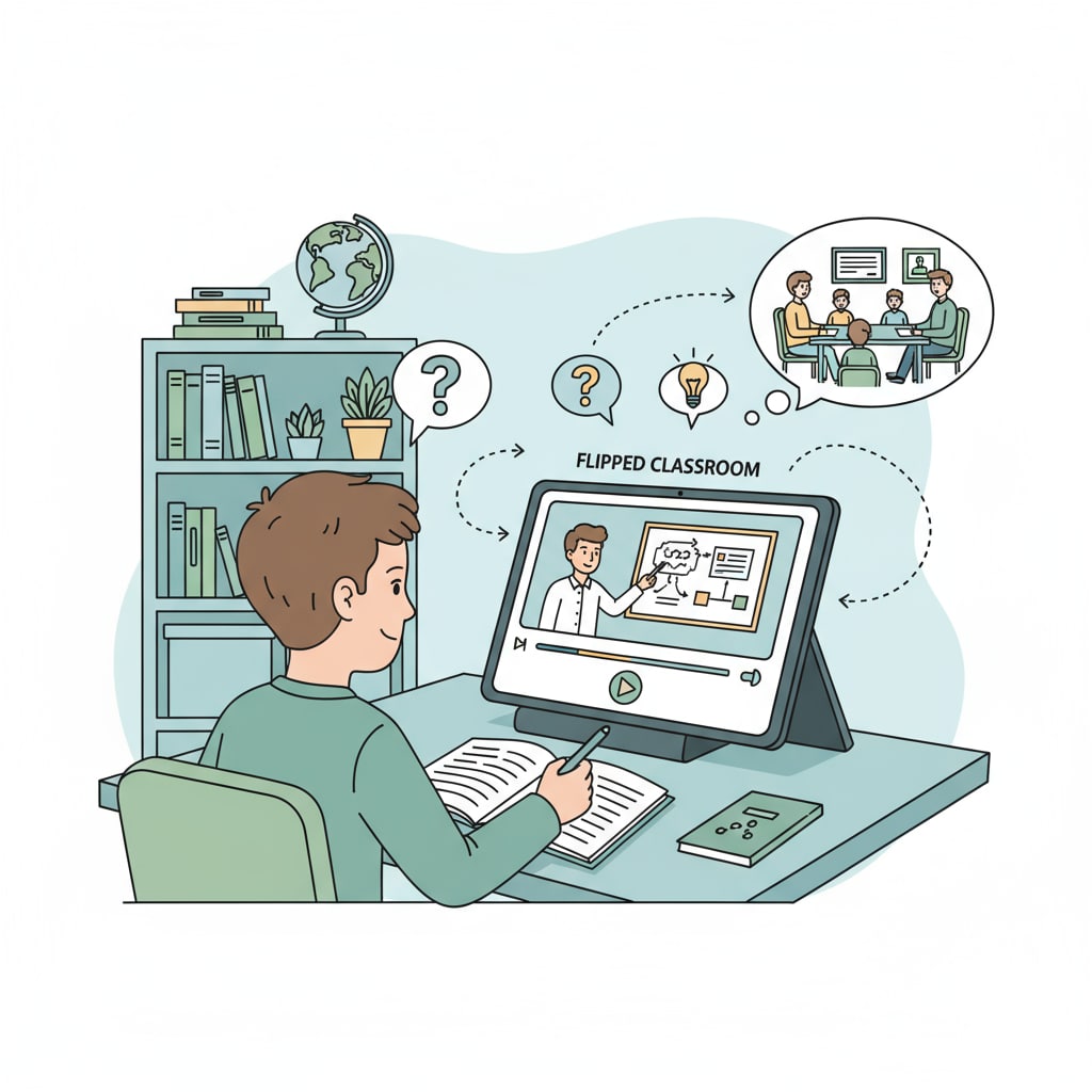 A student is watching an instructional video at home as part of the flipped classroom model. Student participating in flipped classroom learning
