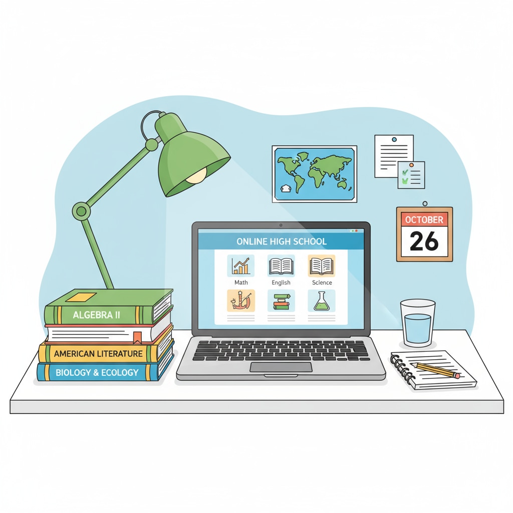 A person is sitting at a desk, studying on a laptop. There are books about high school math, English, and science beside the laptop, indicating an online high school study setup. A person studying for an online high school diploma to enhance career security