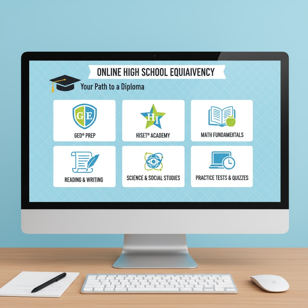The computer screen shows various icons and course names related to online high school equivalency programs like GED and HiSET. Online high school equivalency programs for career security