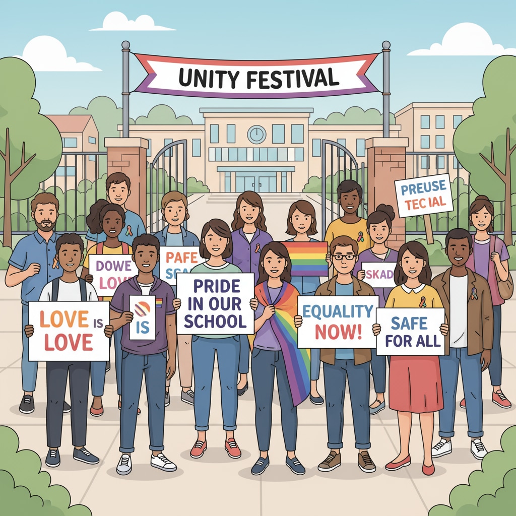 A group of people from different backgrounds holding signs that support LGBTQ+ rights in a school - related event. A diverse group showing support for LGBTQ+ rights in an educational context against far - right influence