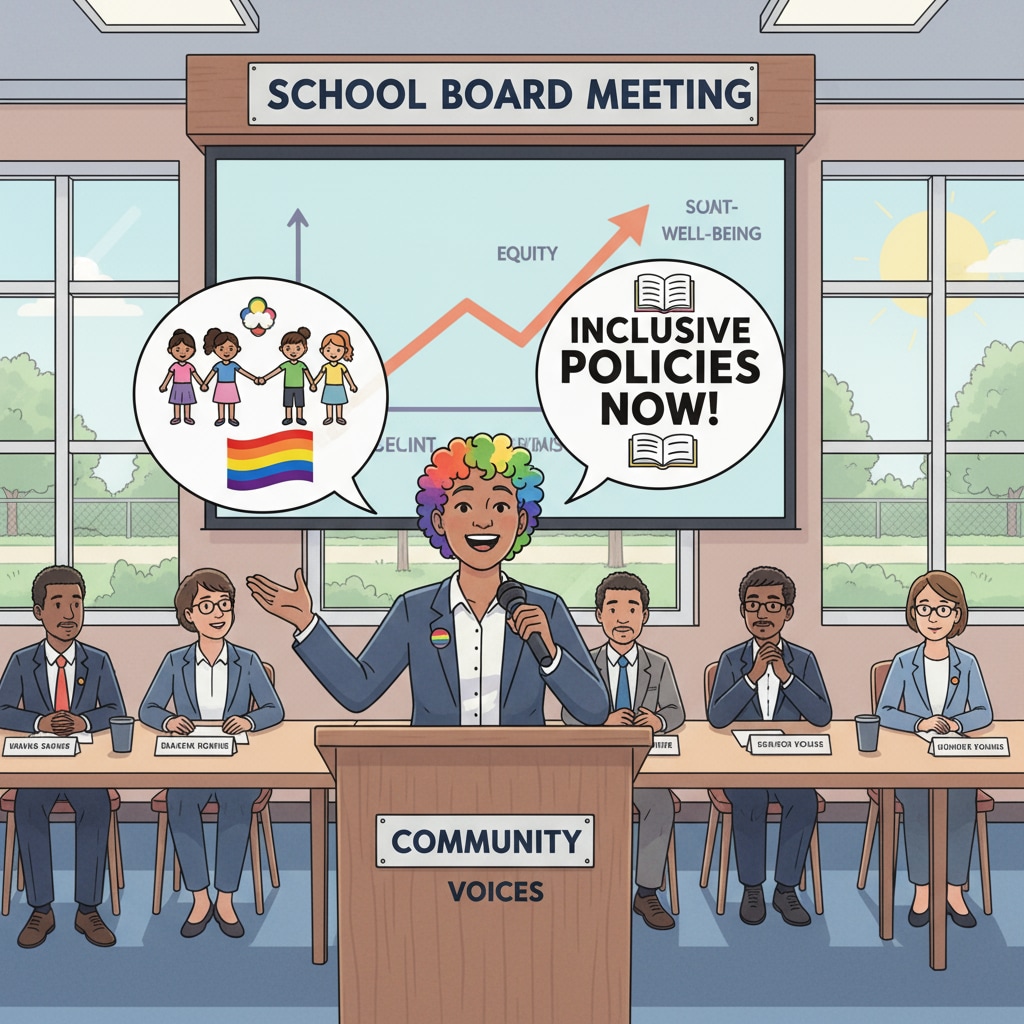 An individual who identifies as part of the LGBTQ+ community is speaking with enthusiasm at a school board meeting, emphasizing the need for inclusive policies. An LGBTQ+ individual advocating for inclusive policies at a school board meeting to counter far - right influence