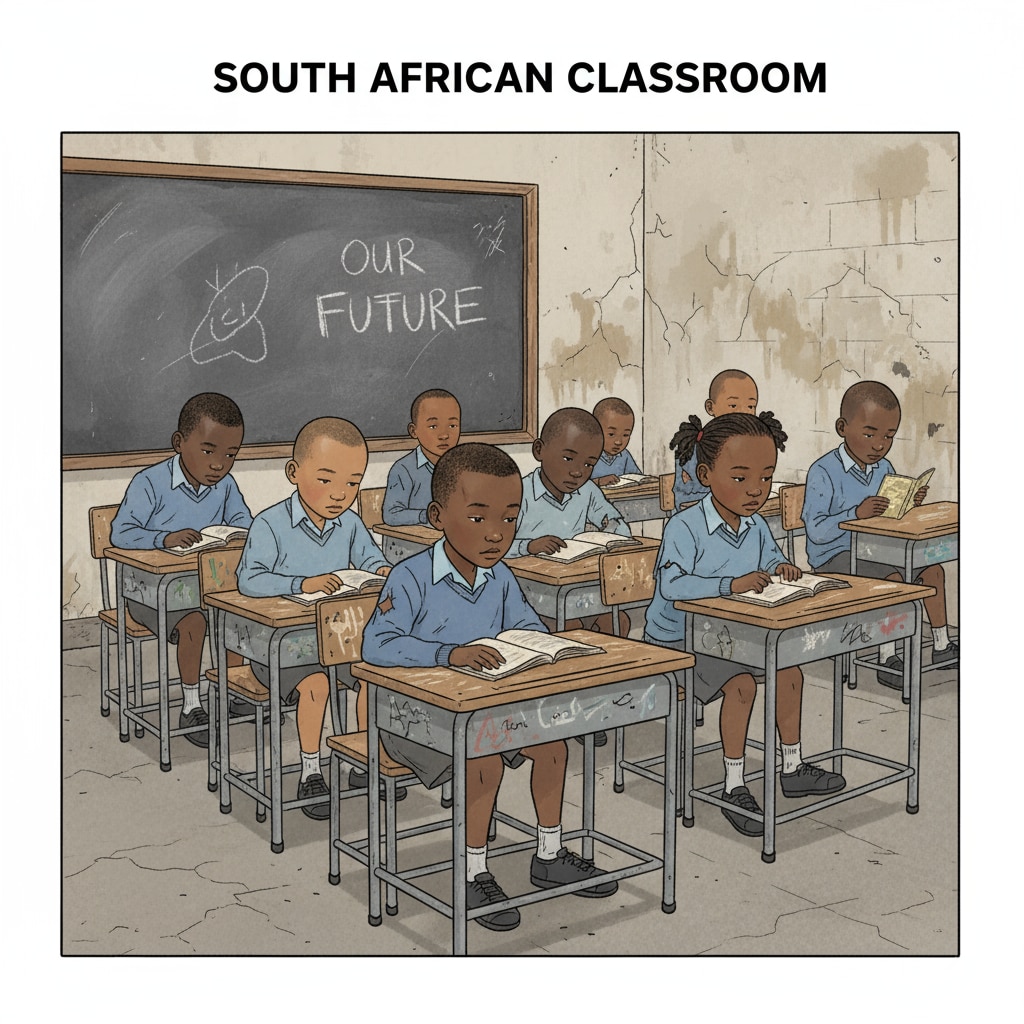 A group of students sitting in a classroom with basic and worn-out furniture, representing the poor conditions in some South African schools. Students in a disadvantaged classroom highlighting education inequality, resource allocation issues, and the need for curriculum reform in South Africa