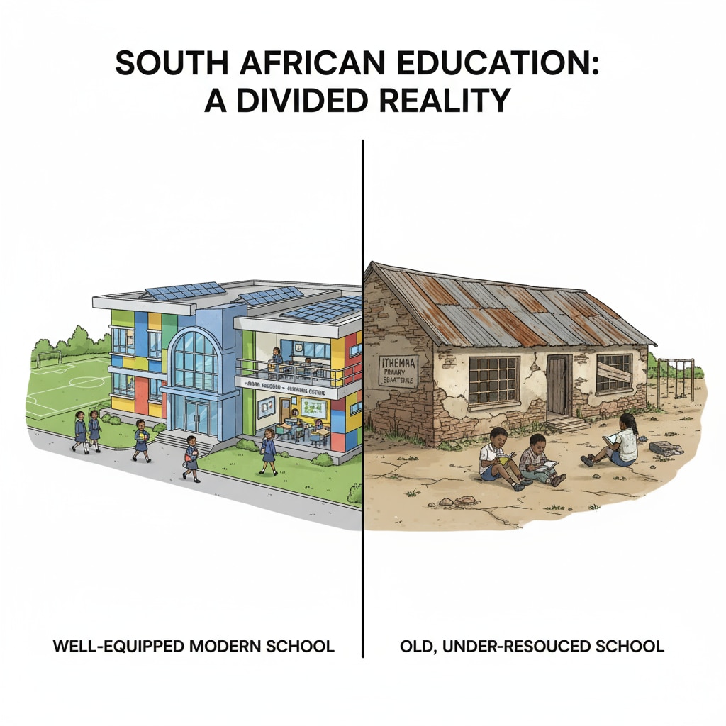 A side-by-side view of a modern, well-equipped school building and an old, dilapidated school structure, emphasizing the stark contrast in South African education. Comparison of a well-resourced and a poorly resourced school in South Africa related to education inequality, resource allocation, and curriculum reform