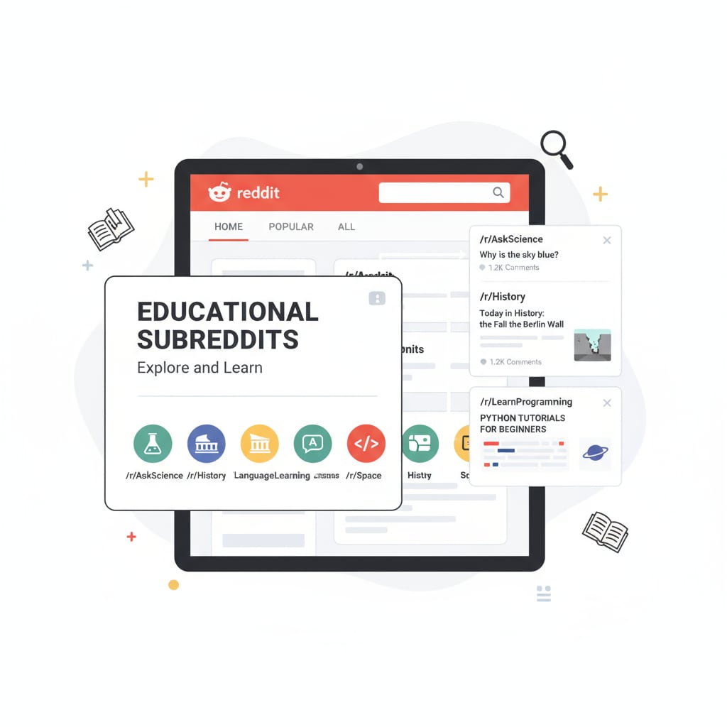 The image shows the Reddit interface with various educational subreddits highlighted, giving an overview of the platform's educational offerings. Reddit interface highlighting educational subreddits for community rules, educational networks, and exploration