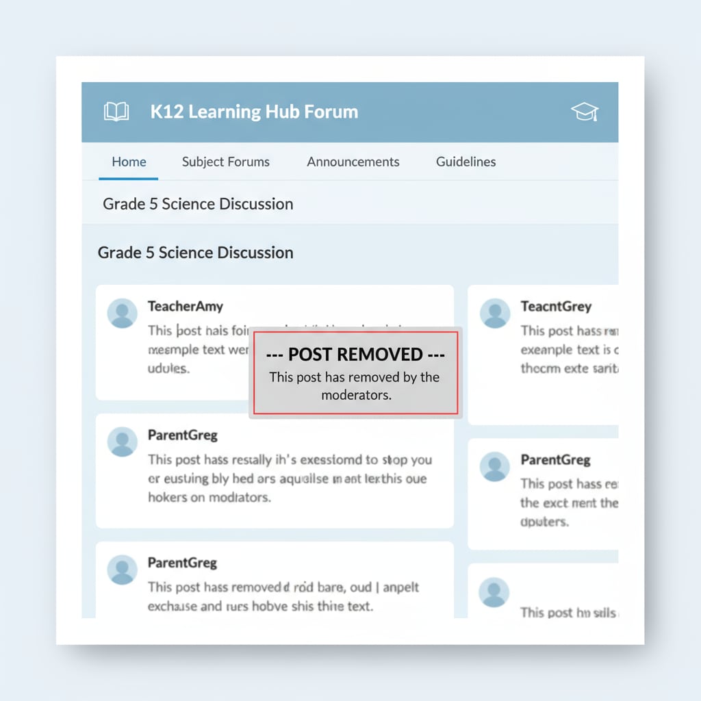 A screenshot captures a K12 education forum page where a post has been removed, with only a notice indicating the removal without any explanation. Screenshot of a K12 education forum post removal without explanation in PLC