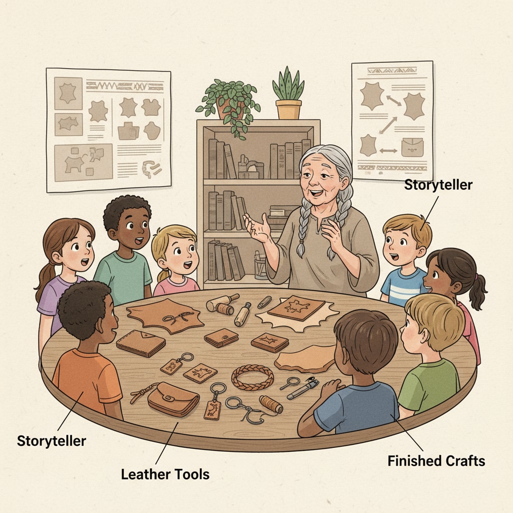 A group of children are gathered around, listening intently to a storyteller while looking at various leather craft samples displayed on a table. Children listening to a traditional story and looking at leather craft samples in a leather education setting