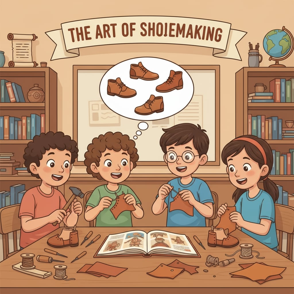 Children are sitting at a table, carefully working on making simple leather shoe models. Their faces show concentration and excitement inspired by the traditional story they heard. Children making simple leather shoe models inspired by a traditional story during leather education