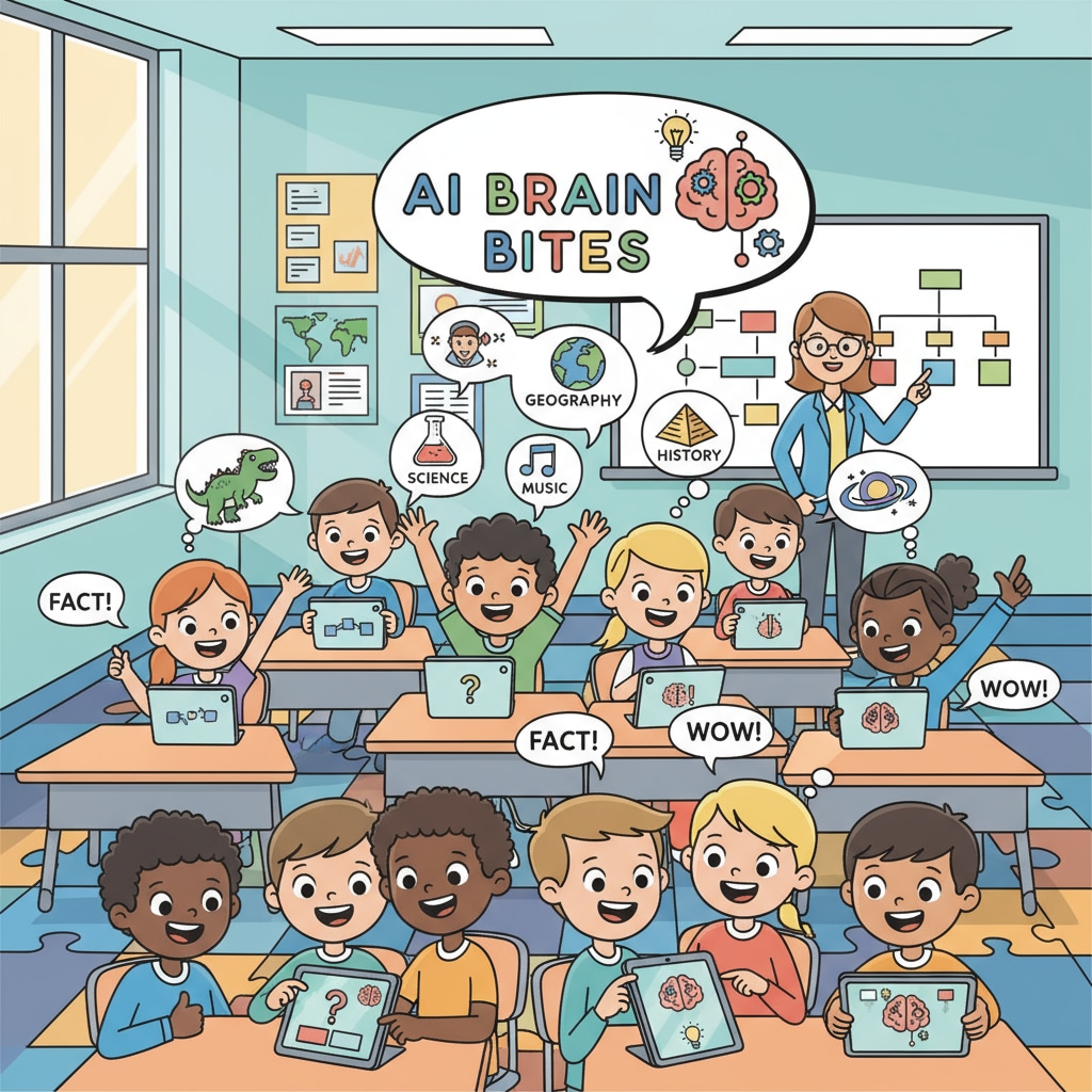A classroom scene where students are gathered around tablets, using AI Brain Bites to learn various educational facts. The students have excited expressions on their faces as they discover new and interesting information. Students using AI Brain Bites in a classroom to learn educational facts