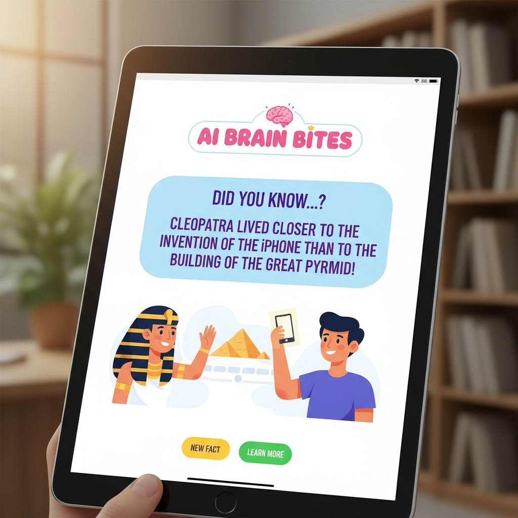 A detailed view of the AI Brain Bites interface on a tablet. The screen shows colorful graphics and text presenting fun educational content, such as a fun fact about history with an accompanying illustration. Close-up of AI Brain Bites interface with educational content