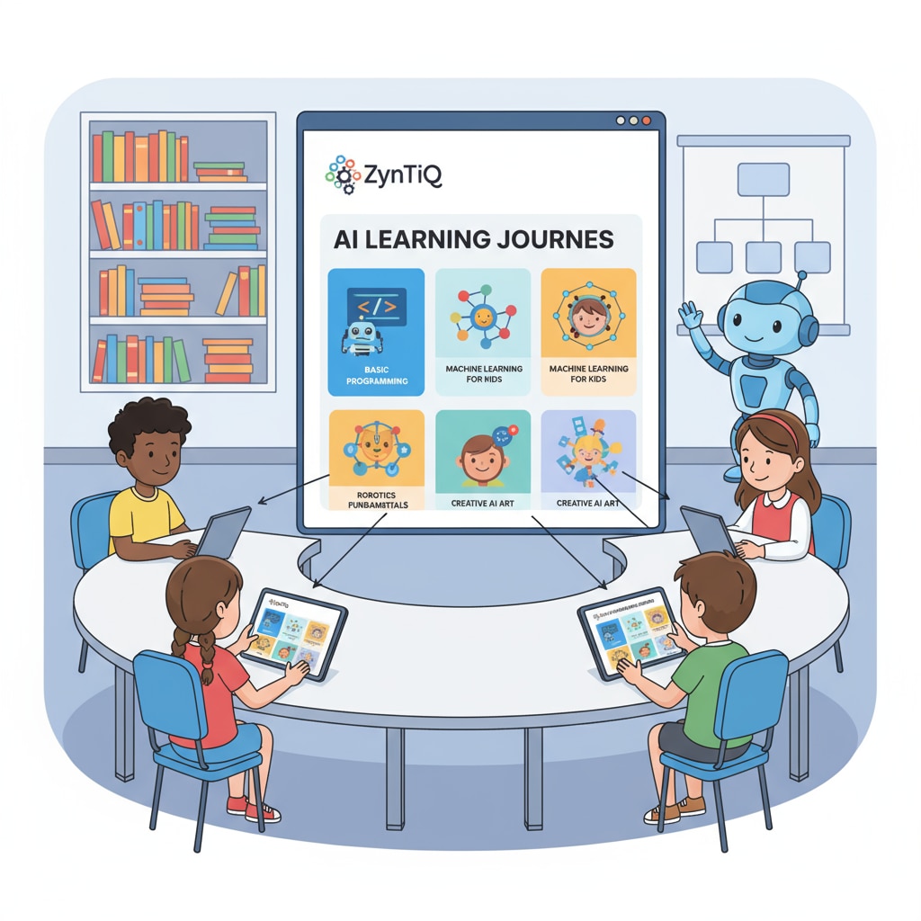 The image depicts students using their devices to access the ZynTiQ AI education platform. The screen shows various AI learning courses, such as basic programming and machine learning for kids. Students using ZynTiQ AI education platform for artificial intelligence education with lifetime membership and course certification