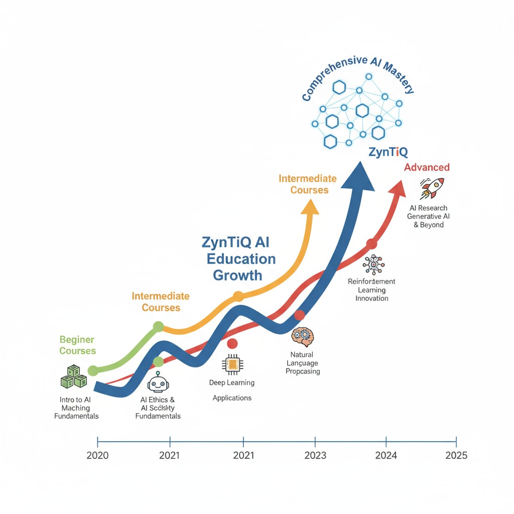 This graph showcases the growth of ZynTiQ's AI education courses over a period of time. Different levels of courses, from beginner to advanced, are represented to show the comprehensive nature of the platform. Graph showing the growth of ZynTiQ's AI education courses related to artificial intelligence education, lifetime membership, and course certification