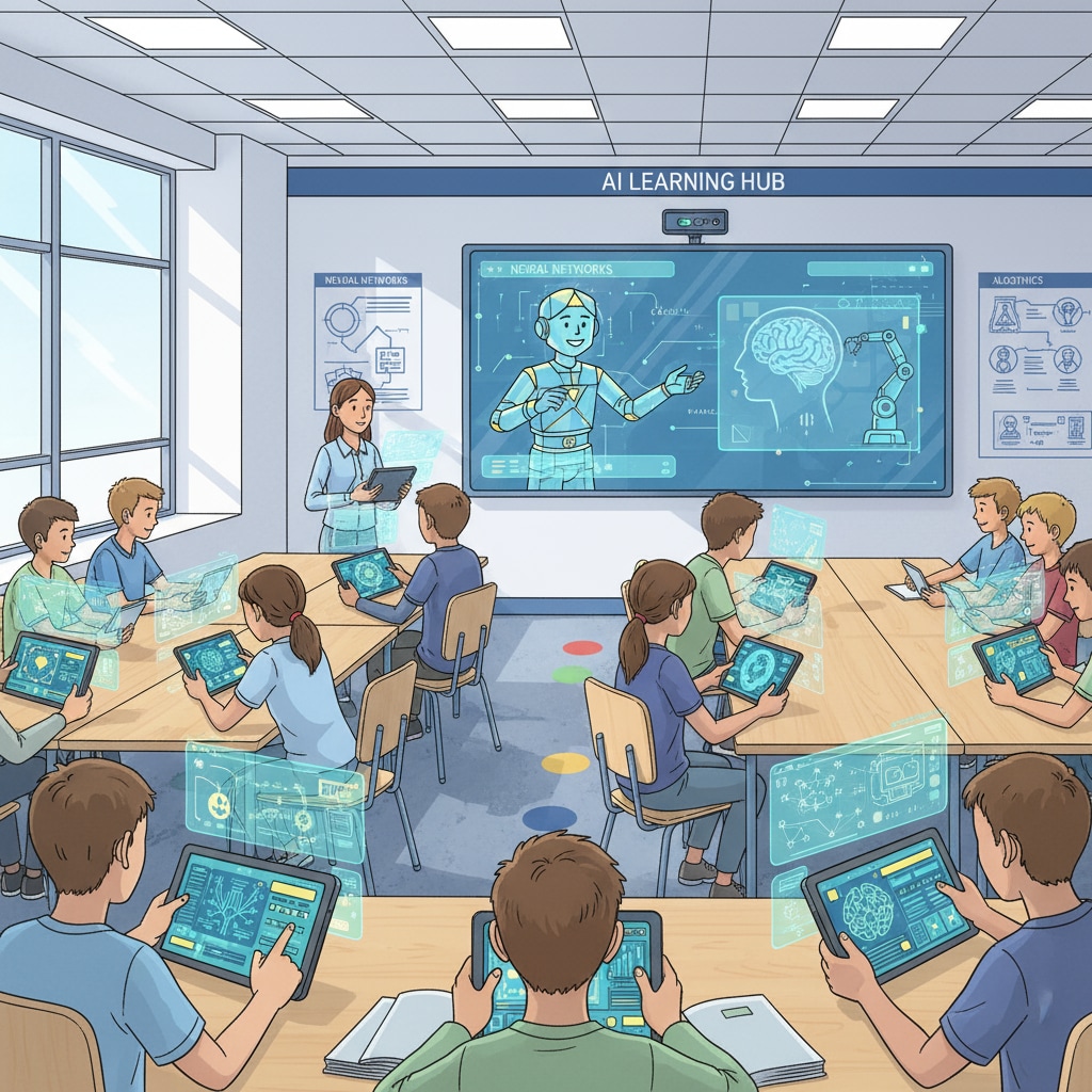 Students learning with AI devices in a modern classroom, related to AI courses, prompt writing, and the future of education