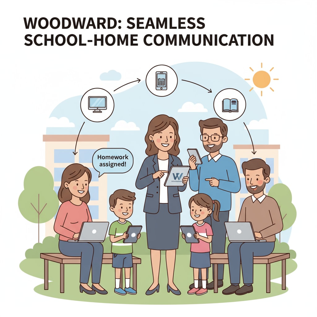 A group of teachers, students, and parents are smiling while using Woodward on their devices, showing the seamless communication the platform enables. A visual representation of teachers, students, and parents using the Woodward class chat and educational tool.