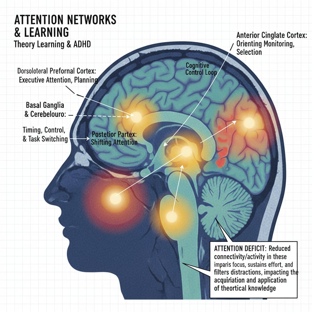 Brain scan highlighting attention areas for better understanding of attention deficit during theory learning.