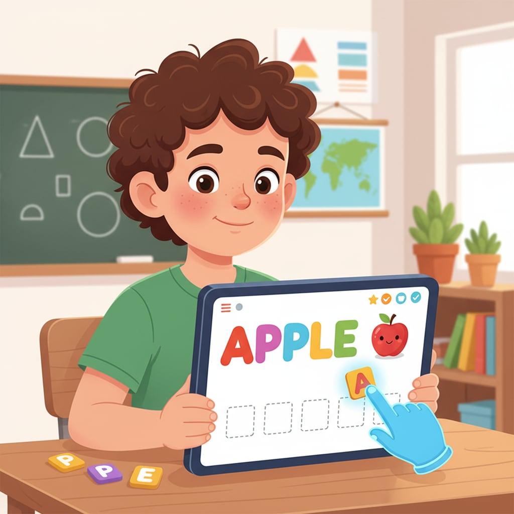 A child is using a tablet application that has colorful spelling exercises on the screen. A child using a spelling application for ADHD kids