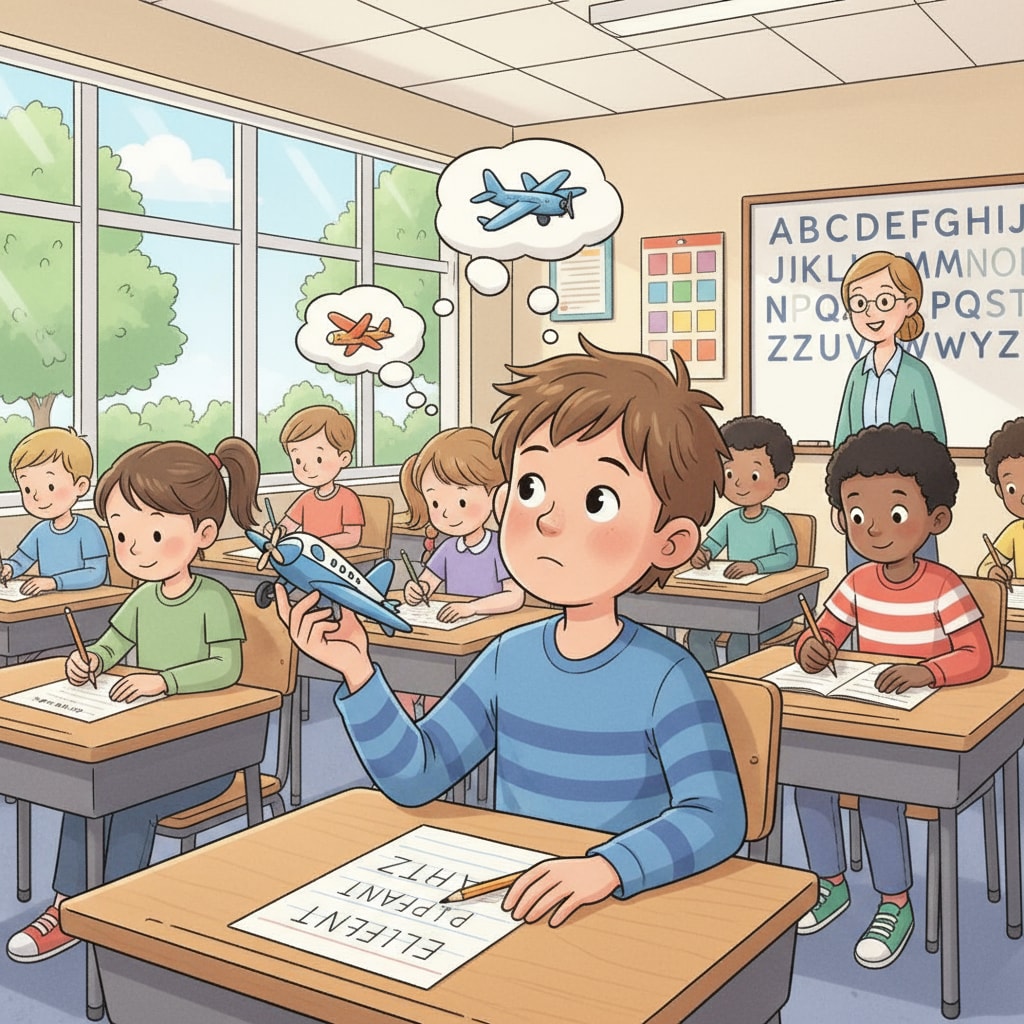 A group of children are sitting at desks. One child has a distracted expression while trying to spell words on a piece of paper. ADHD children facing challenges in spelling learning