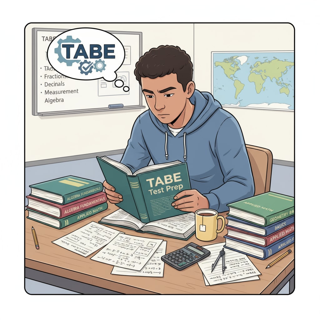 A young person is sitting at a desk, surrounded by math books and notes, concentrating on studying for the TABE test. A young person studying math for the TABE test on the path to EMT training and a firefighter career.