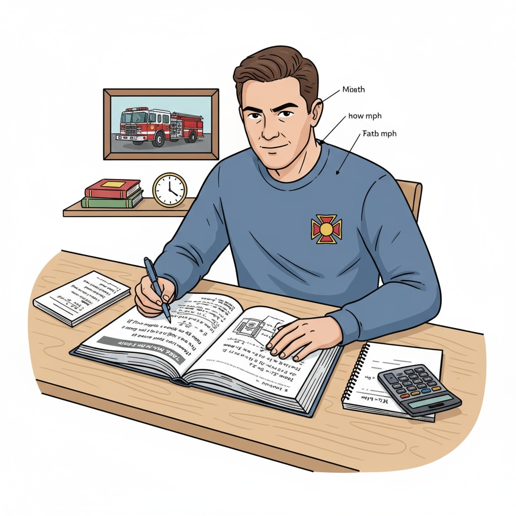 A person is sitting at a table, using a pen to solve math problems that are likely part of TABE test preparation for their future as a firefighter. A person solving math problems for TABE test preparation related to EMT training and firefighter career.