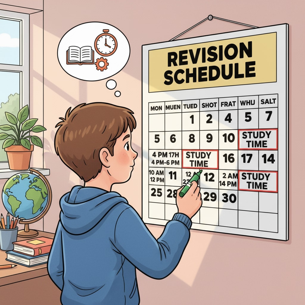A student looking at a calendar with study time marked. Student using calendar for baccalauréat preparation time management