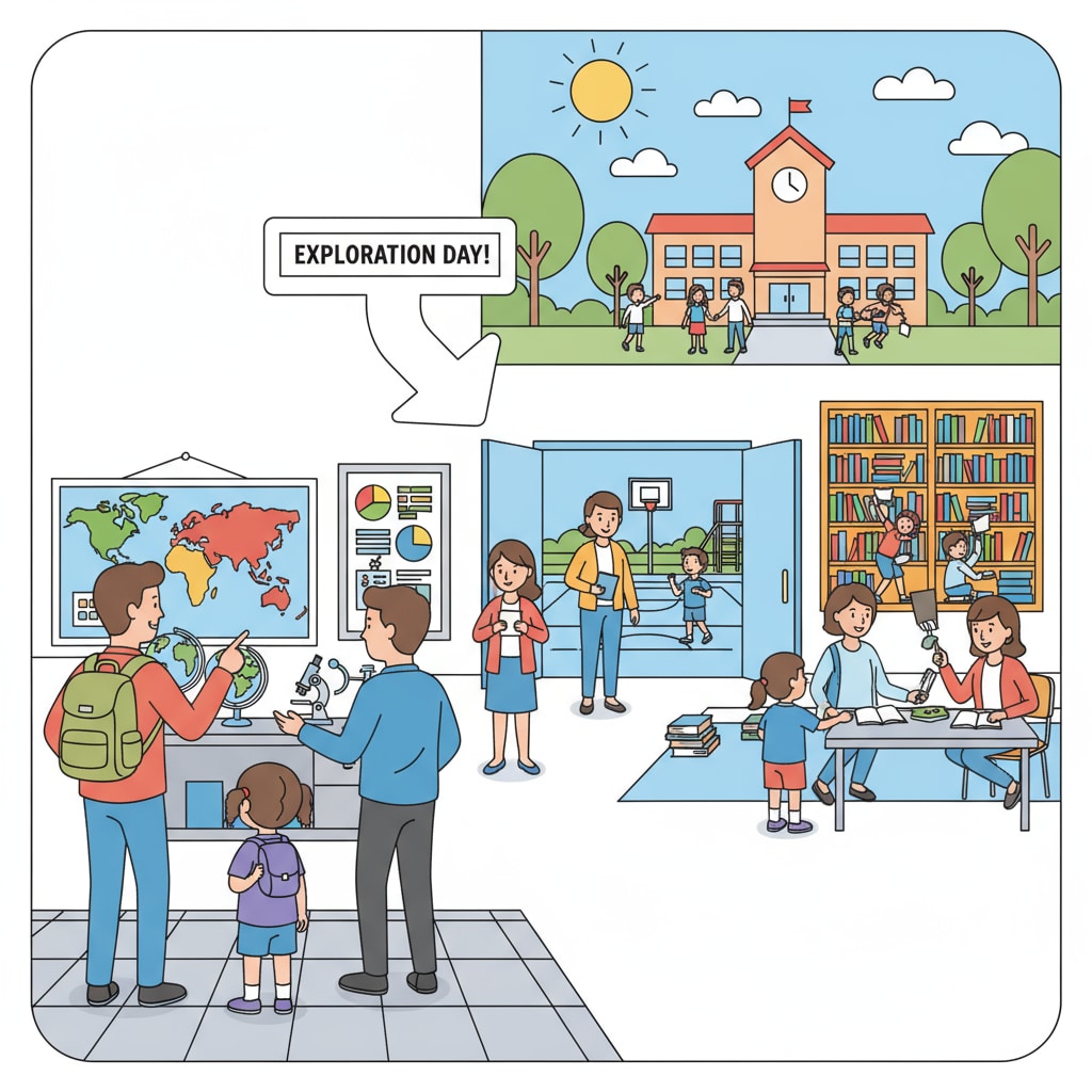 Parents and children exploring a public school for educational choice