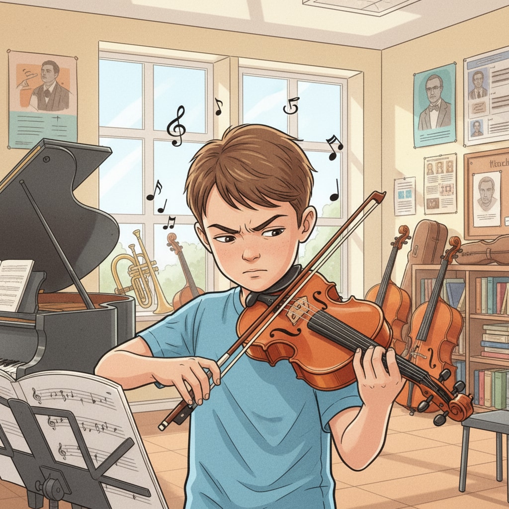 A student playing the violin, an incident related to the misunderstanding of violin sound as crying