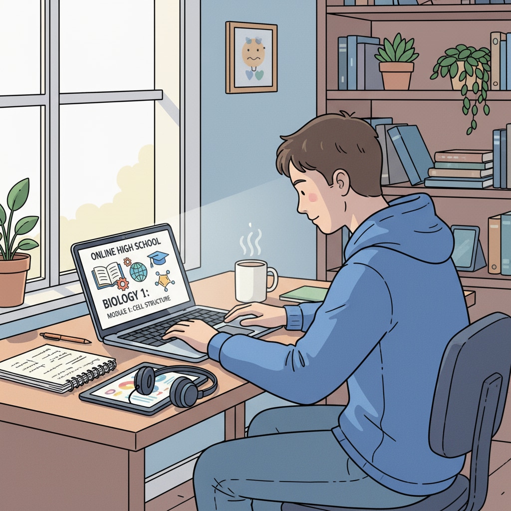 A student engaged in online high school studies