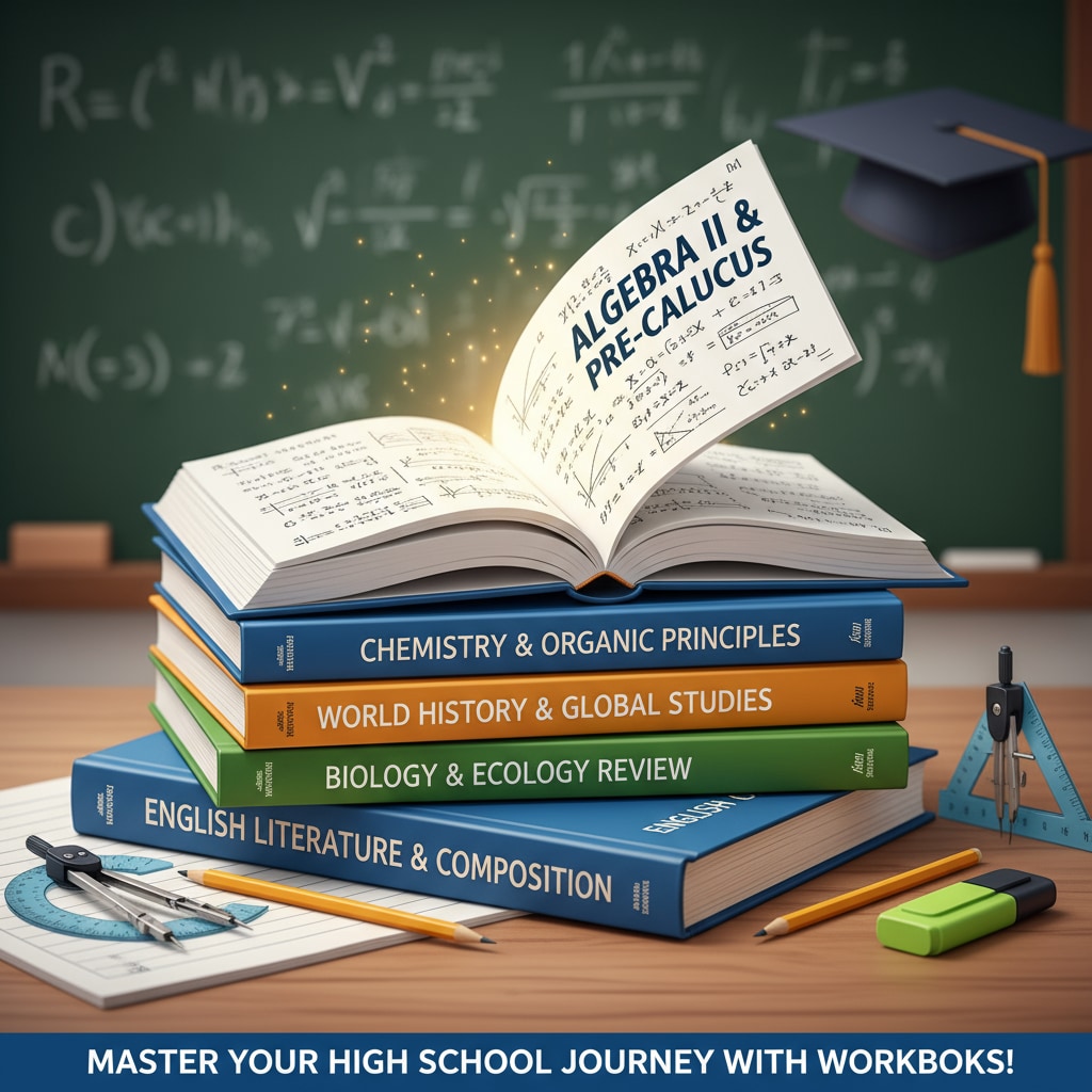 Stack of high school review workbooks with an algebra book on top for basic knowledge review