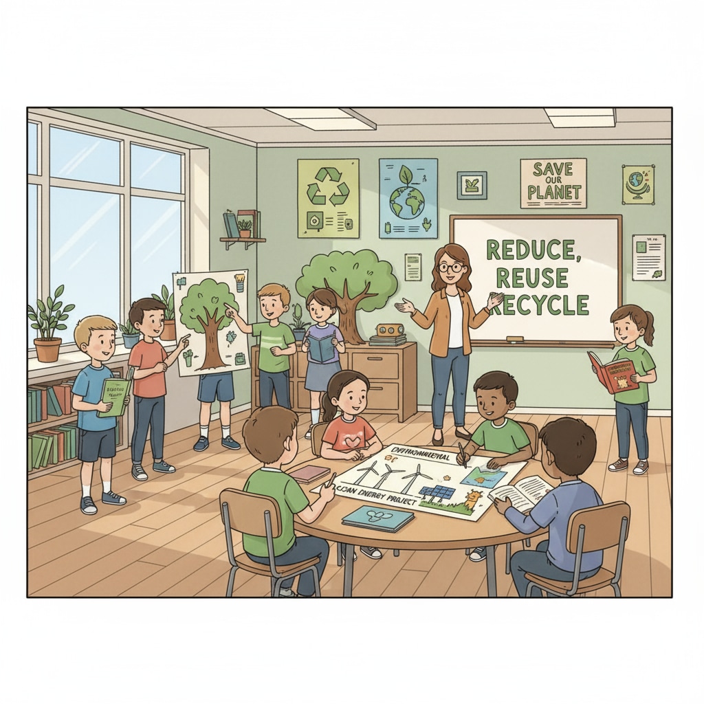 K-12 students learning about environmental protection in a classroom setting
