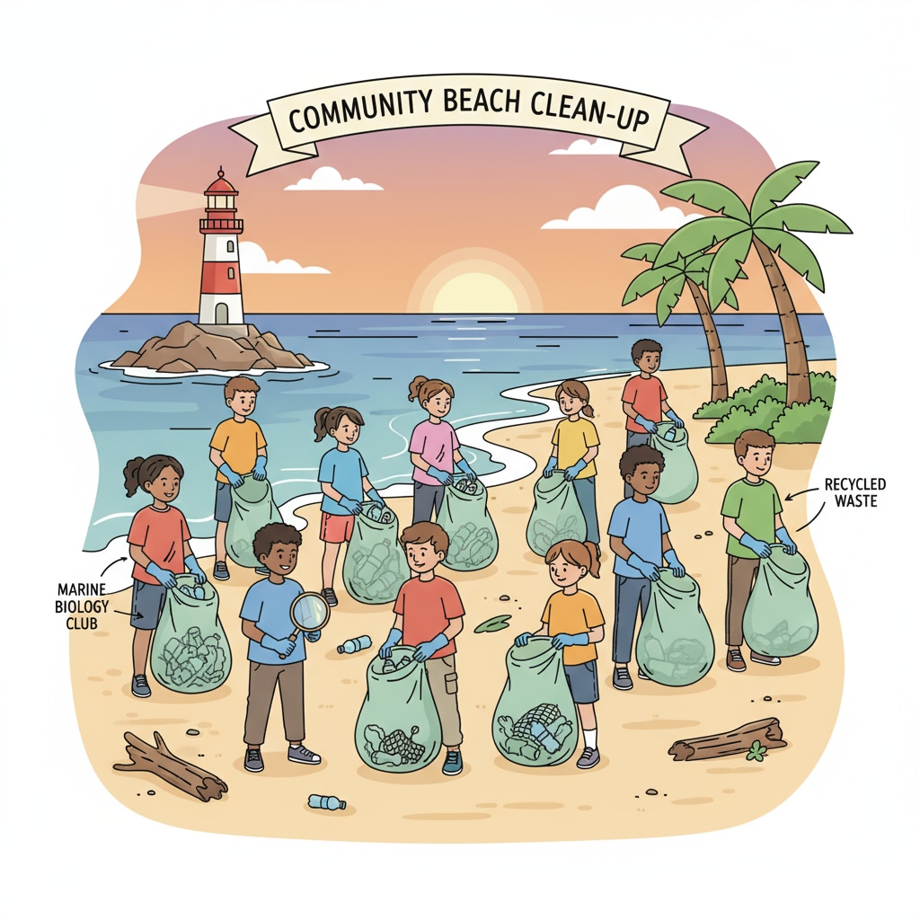 K-12 students actively involved in a beach clean-up as part of their environmental education