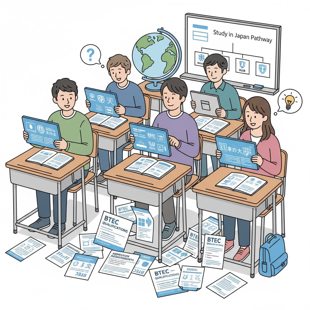 Students researching Japanese universities with BTEC and admission requirement details.