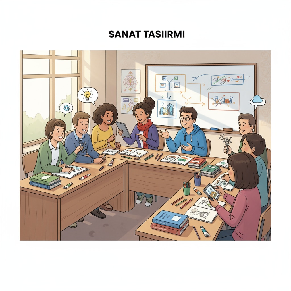 A group of international students are having a lively discussion about art design concepts in a Turkish classroom, with art materials and books visible on the desks. International students discussing art design in a Turkish classroom