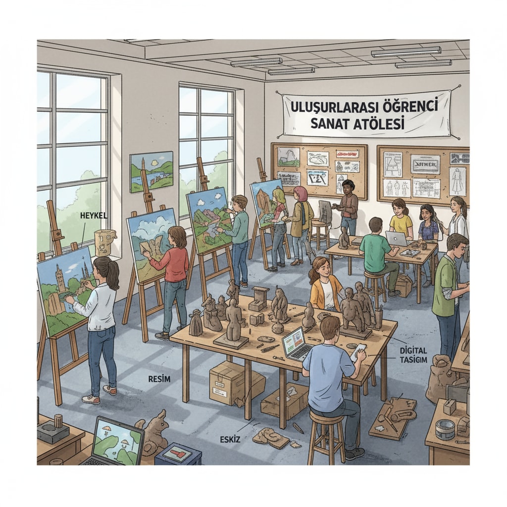 An art studio in a Turkish university is filled with various artworks created by international students, including paintings, sculptures, and design sketches. An art studio in a Turkish university filled with international students' artworks